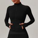 Damen Langarm Sportjacke mit Taschen Yoga-Shirt schnell trocknendes Gym Top Sonnenschutz Sportswear Laufen Jacken Zip Fitness Kleidung