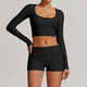 women's Long-Sleeve Yoga Flared Pants Suit Lace Threaded Casual Fitness Tank Top High-Waist Gym Shorts Workout Set
