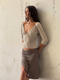 v-Neck Pleated Mid-Sleeve Top With High-Waisted Pleated Slit Midi Skirt