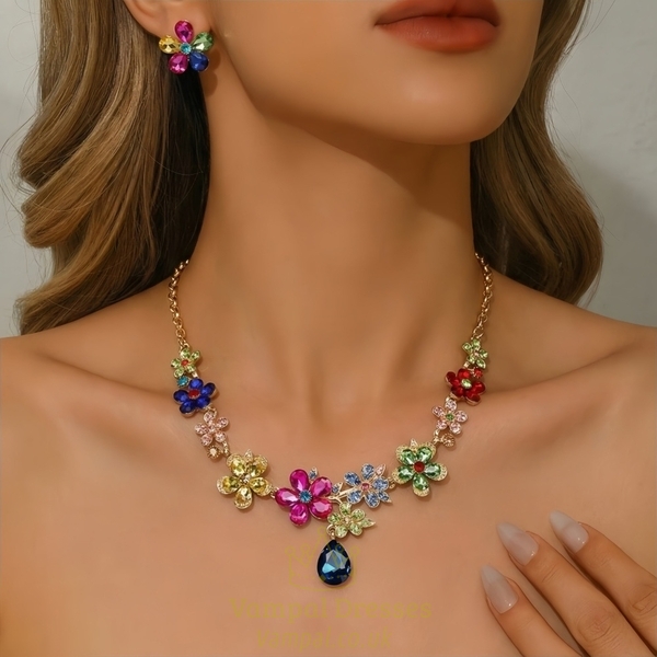 colorful Rhinestone Necklace And Earrings Two-Piece Set