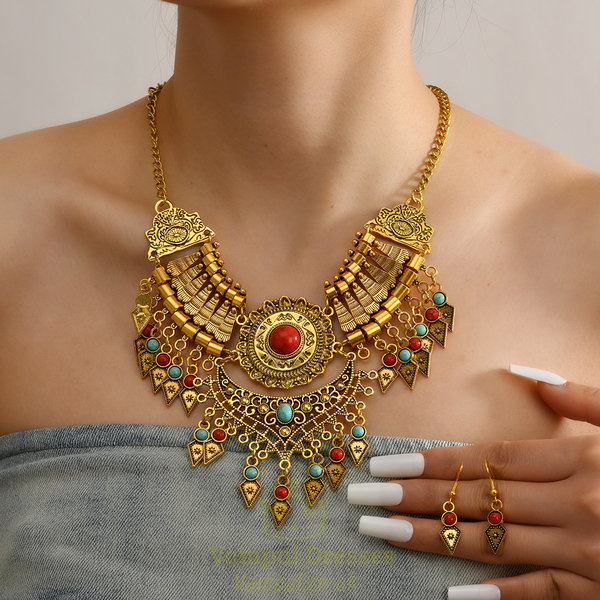 vintage Ethnic Style Teardrop Tassel Necklace And Earrings Set