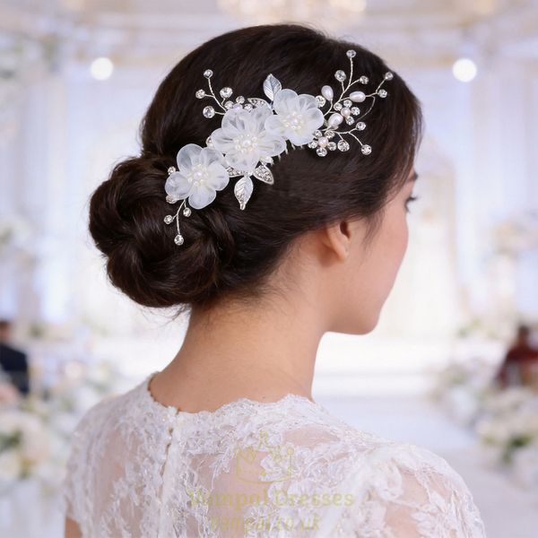 silver forest Style Floral Rhinestone Hair Comb With Faux Pearl