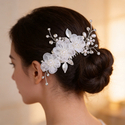 silver forest Style Floral Rhinestone Hair Comb With Faux Pearl