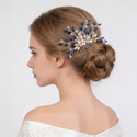 gold Blue Diamond blue Rhinestone Pearl Bridal Hair Comb With Gold Leaf Accents