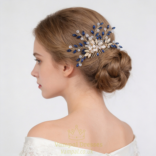 gold Blue Diamond blue Rhinestone Pearl Bridal Hair Comb With Gold Leaf Accents