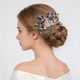 gold Blue Diamond blue Rhinestone Pearl Bridal Hair Comb With Gold Leaf Accents