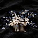 gold Blue Diamond blue Rhinestone Pearl Bridal Hair Comb With Gold Leaf Accents