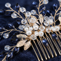 gold Blue Diamond blue Rhinestone Pearl Bridal Hair Comb With Gold Leaf Accents