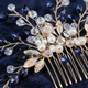 gold Blue Diamond blue Rhinestone Pearl Bridal Hair Comb With Gold Leaf Accents