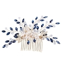 gold Blue Diamond blue Rhinestone Pearl Bridal Hair Comb With Gold Leaf Accents