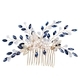gold Blue Diamond blue Rhinestone Pearl Bridal Hair Comb With Gold Leaf Accents
