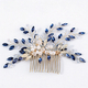 gold Blue Diamond blue Rhinestone Pearl Bridal Hair Comb With Gold Leaf Accents