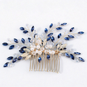 gold Blue Diamond blue Rhinestone Pearl Bridal Hair Comb With Gold Leaf Accents