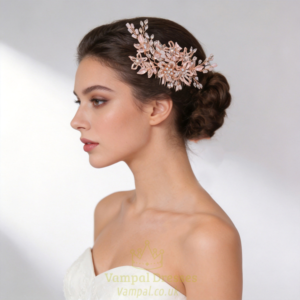 rose Gold Rhinestone Flower Hair Comb Bridal Headpiece