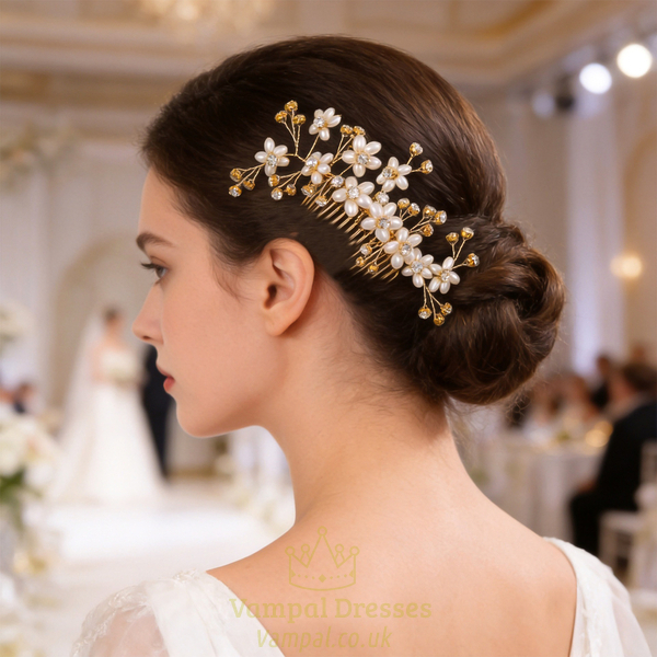 gold hair comb gold Handmade Faux Pearl Bridal Hair Comb With Rhinestones