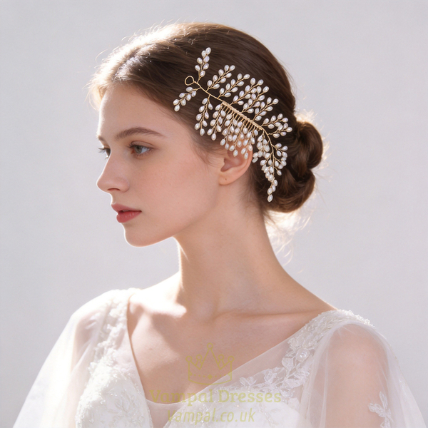 gold handmade Gold Pearl Bridal Hair Comb Vintage Wedding Headpiece