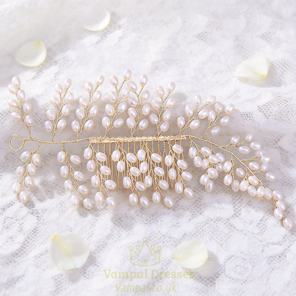 gold handmade Gold Pearl Bridal Hair Comb Vintage Wedding Headpiece