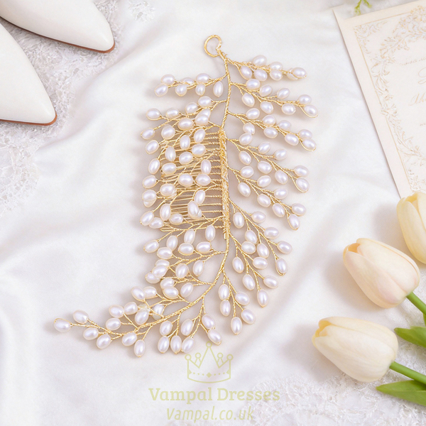gold handmade Gold Pearl Bridal Hair Comb Vintage Wedding Headpiece