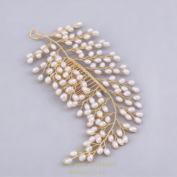 gold handmade Gold Pearl Bridal Hair Comb Vintage Wedding Headpiece
