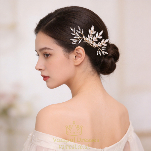 gold hair comb pearl Rhinestone Gold Leaf Bridal Hair Comb Handmade Wedding Updo Accessory