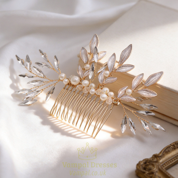 gold hair comb pearl Rhinestone Gold Leaf Bridal Hair Comb Handmade Wedding Updo Accessory