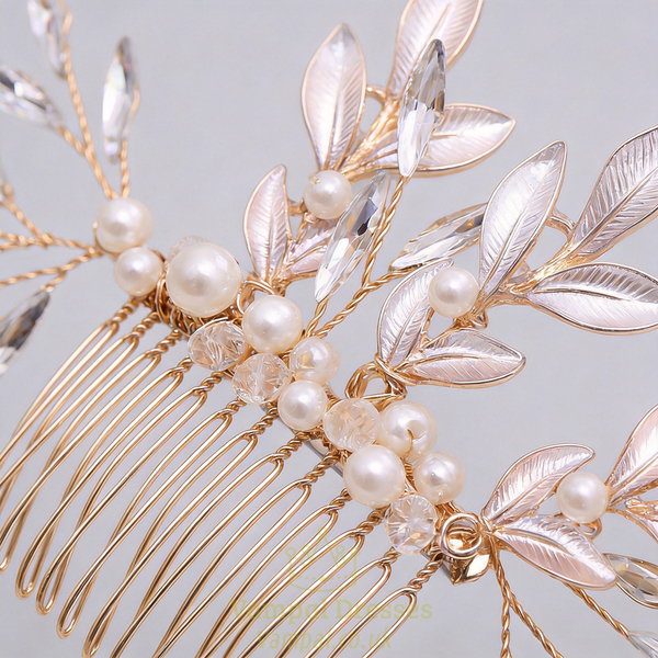 gold hair comb pearl Rhinestone Gold Leaf Bridal Hair Comb Handmade Wedding Updo Accessory