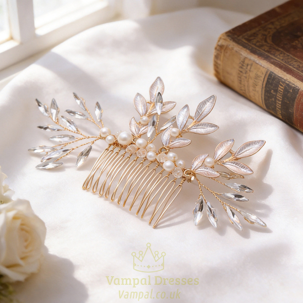 gold hair comb pearl Rhinestone Gold Leaf Bridal Hair Comb Handmade Wedding Updo Accessory