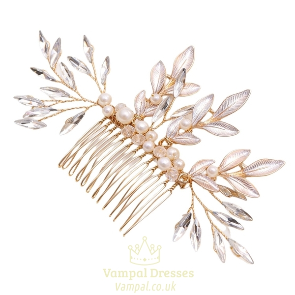 gold hair comb pearl Rhinestone Gold Leaf Bridal Hair Comb Handmade Wedding Updo Accessory
