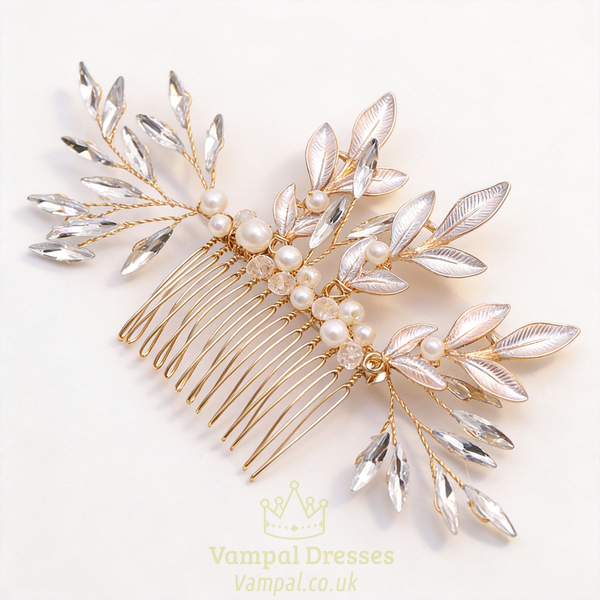 gold hair comb pearl Rhinestone Gold Leaf Bridal Hair Comb Handmade Wedding Updo Accessory