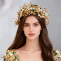 golden green gold Leaf Bridal Headband With Rhinestone Flower