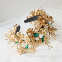 golden green gold Leaf Bridal Headband With Rhinestone Flower