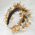 golden green gold Leaf Bridal Headband With Rhinestone Flower
