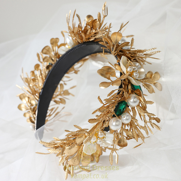 golden green gold Leaf Bridal Headband With Rhinestone Flower