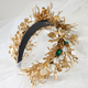 golden green gold Leaf Bridal Headband With Rhinestone Flower