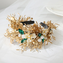 golden green gold Leaf Bridal Headband With Rhinestone Flower