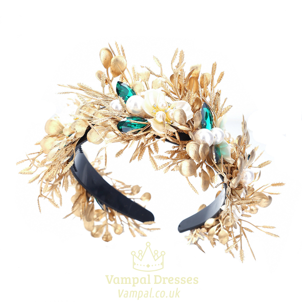 golden green gold Leaf Bridal Headband With Rhinestone Flower