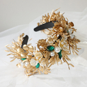 golden green gold Leaf Bridal Headband With Rhinestone Flower
