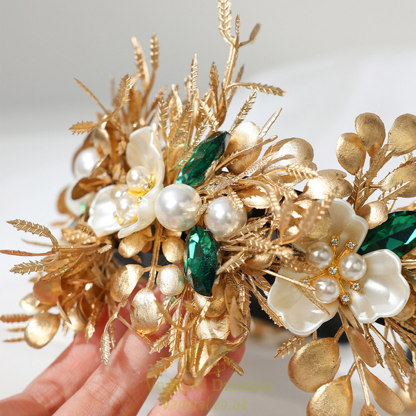 golden green gold Leaf Bridal Headband With Rhinestone Flower