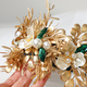 golden green gold Leaf Bridal Headband With Rhinestone Flower