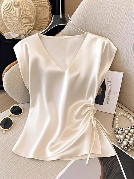 solid Satin Short Sleeve V-Neck Top Women