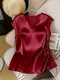 solid Satin Short Sleeve V-Neck Top Women