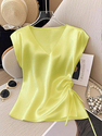 solid Satin Short Sleeve V-Neck Top Women