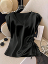 solid Satin Short Sleeve V-Neck Top Women