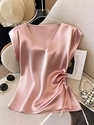 solid Satin Short Sleeve V-Neck Top Women