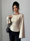 solid Color Boat Neck Long Sleeve Waist-Cinching Flared Top