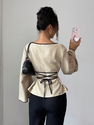 solid Color Boat Neck Long Sleeve Waist-Cinching Flared Top