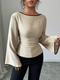 solid Color Boat Neck Long Sleeve Waist-Cinching Flared Top