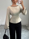 solid Color Boat Neck Long Sleeve Waist-Cinching Flared Top