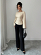 solid Color Boat Neck Long Sleeve Waist-Cinching Flared Top