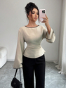 solid Color Boat Neck Long Sleeve Waist-Cinching Flared Top